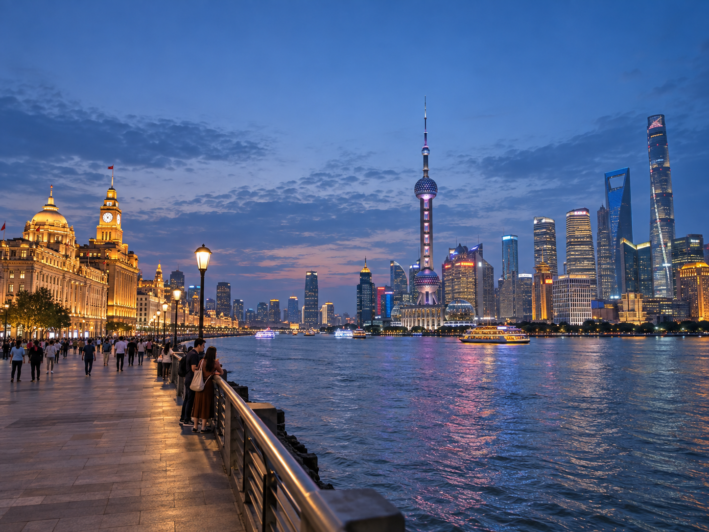 Shanghai skyline and Bund waterfront at dusk