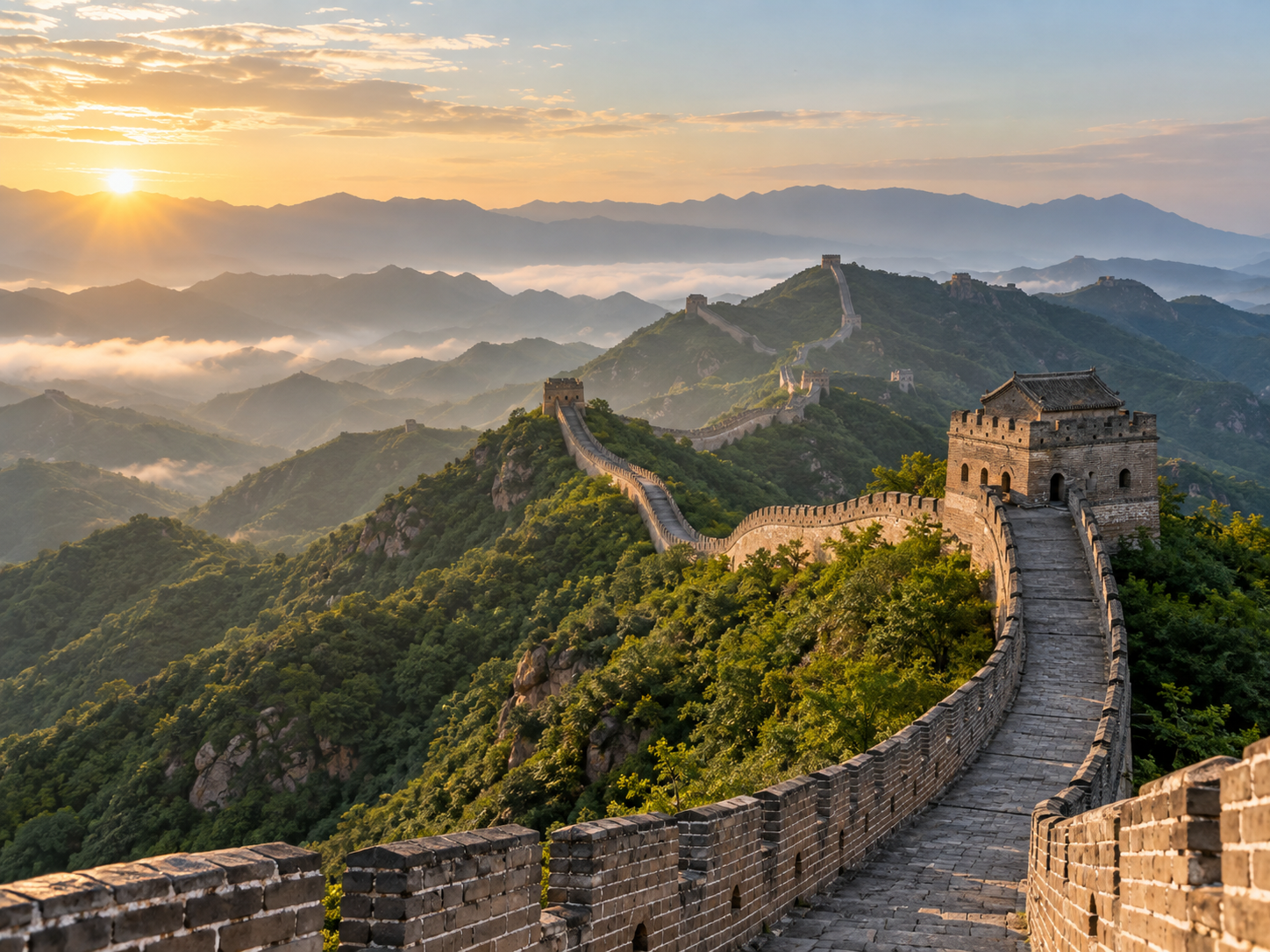 Great Wall of China crossing green mountains